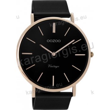 Ρολόι OOZOO Vintage rose gold ανδρικό με μαύρο μπασελέ σε ψάθα με μαύρο καντράν 44mm