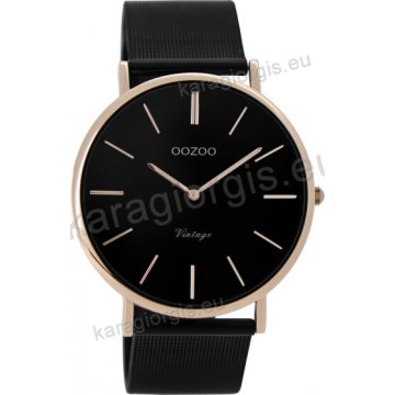 Ρολόι OOZOO Vintage rose gold γυναικείο με μαύρο μπασελέ σε ψάθα με μαύρο καντράν 40mm