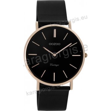 Ρολόι OOZOO Vintage rose gold γυναικείο με μαύρο μπασελέ σε ψάθα με μαύρο καντράν 36mm