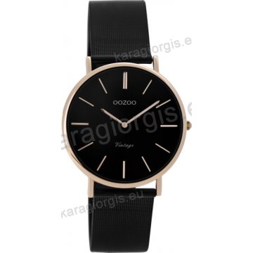 Ρολόι OOZOO Vintage rose gold γυναικείο με μαύρο μπασελέ σε ψάθα με μαύρο καντράν 32mm