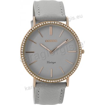 Ρολόι OOZOO Vintage rose gold γυναικείο με γκρι δερμάτινο λουράκι με γκρι καντράν και πέτρες στη στεφάνη 40mm