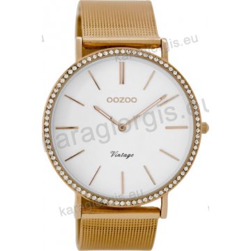 Ρολόι OOZOO Vintage γυναικείο rose gold με μπασελέ rose gold σε ψάθα με άσπρο καντράν και πέτρες στη στεφάνη 40mm