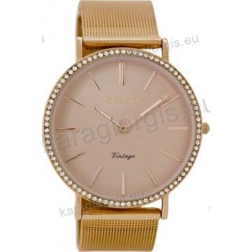 Ρολόι OOZOO Vintage γυναικείο rose gold με μπασελέ rose gold σε ψάθα με rose καντράν και πέτρες στη στεφάνη 40mm