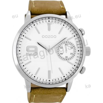 Ρολόι OOZOO timepieces ανδρικό-γυναικείο με ταμπά δερμάτινο λουράκι σε ασημί καντράν με ενδείξεις χρονογράφου 48mm
