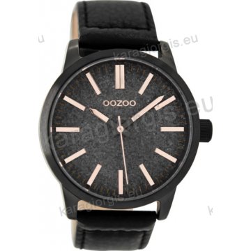 Ρολόι OOZOO timepieces γυναικείο black με μαύρο δερμάτινο λουράκι σε μαύρο καντράν με glitter 43mm