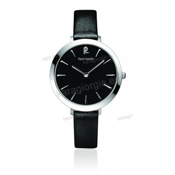 Ρολόι Pierre Lannier γυνακείο στρογγυλό με μαύρο καντράν και μαύρο δερμάτινο λουράκι 36mm