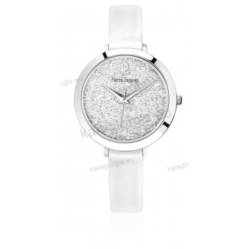 Ρολόι Pierre Lannier γυνακείο στρογγυλό με άσπρο δερμάτινο λουράκι και πέτρες swarovski στο καντράν 30mm