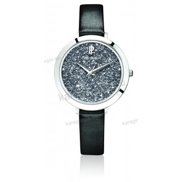 Ρολόι Pierre Lannier γυνακείο στρογγυλό με μαύρο δερμάτινο λουράκι και μαύρες πέτρες swarovski στο καντράν 30mm