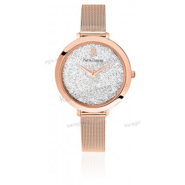 Ρολόι Pierre Lannier γυνακείο rose gold στρογγυλό με ψάθα rose gold μπρασελέ και πέτρες swarovski στο καντράν 30mm