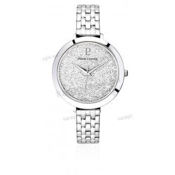 Ρολόι Pierre Lannier γυνακείο στρογγυλό με ατσάλινο μπρασελέ και άσπρες πέτρες swarovski στο καντράν 36mm