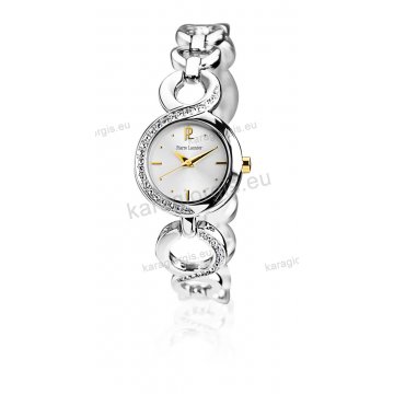Ρολόι Pierre Lannier γυνακείο στρογγυλό με πέτρες στο μπρασελέ και στη στεφάνη με ασημί καντράν 24mm
