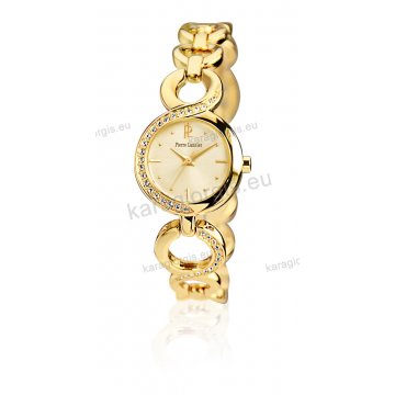 Ρολόι Pierre Lannier γυνακείο επίχρυσο στρογγυλό με πέτρες στο μπρασελέ και στη στεφάνη με χρυσαφί καντράν 24mm