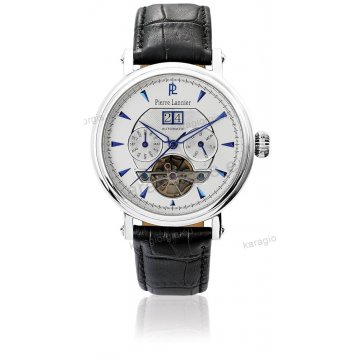 Ρολόι Pierre Lannier ανδρικό automatic με μαύρο δερμάτινο λουράκι και άσπρο καντράν 42mm
