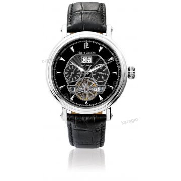 Ρολόι Pierre Lannier ανδρικό automatic με μαύρο δερμάτινο λουράκι και μαύρο καντράν 42mm