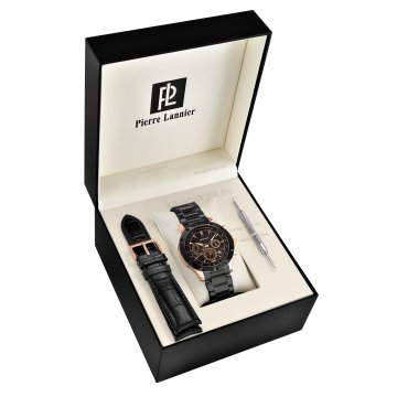Ρολόι Pierre Lannier ανδρικό box set rose gold με μαύρο μπρασελέ και εναλλακτικό μαύρο δερμάτινο λουράκι 45mm