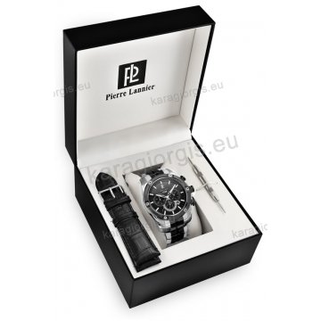 Ρολόι Pierre Lannier ανδρικό box set με δίχρωμο μαύρο μπρασελέ και εναλλακτικό μαύρο δερμάτινο λουράκι 46mm