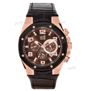 Ρολόι VISETTI OCTAGON ανδρικό rose gold με καφέ δερμάτινο λουράκι χρονογράφος multifunction σε καφέ καντράν 46mm