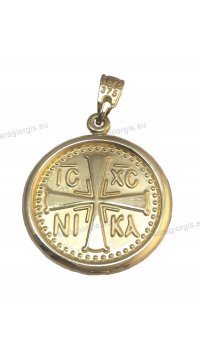 Παναγίτσα - φυλακτό Κ9 δίχρωμο χρυσό με λευκόχρυσο διπλής όψεως με το Χριστιανικό σύμβολο IC.XC.NIKA στην πίσω πλευρά