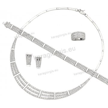 Σετ λευκόχρυσο Κ14 κολιέ, βραχιόλι, σκουλαρίκια, δαχτυλίδι με άσπρες πέτρες ζιργκόν